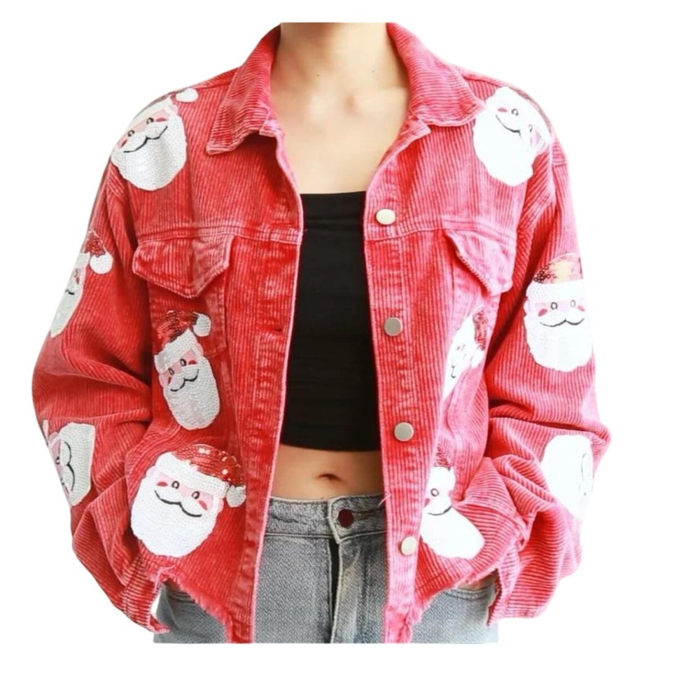 BIBI NWOT size Small oversized Red Corduroy Santa Sequin Embellished Jacket